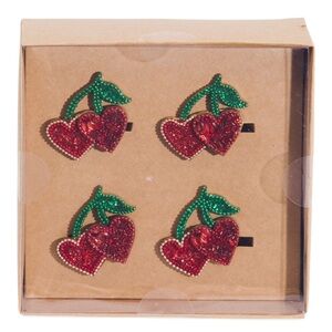 Tahari nwt Valentine's Cherry Cherries Red Hearts Beaded Napkin Rings Set of 4